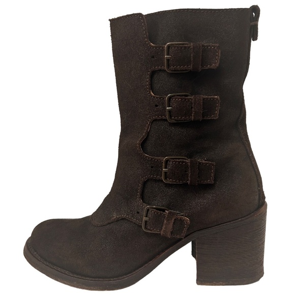 JL J. Litvack Moto Boots Bootie Brown Suede Four Buckle Chunky Stacked Heel - Picture 8 of 16
